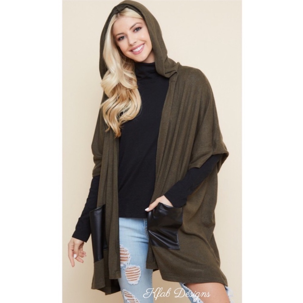 LAST 1! Olive Hooded Poncho Cardigan w/Faux Leather Pockets! - Picture 3 of 6